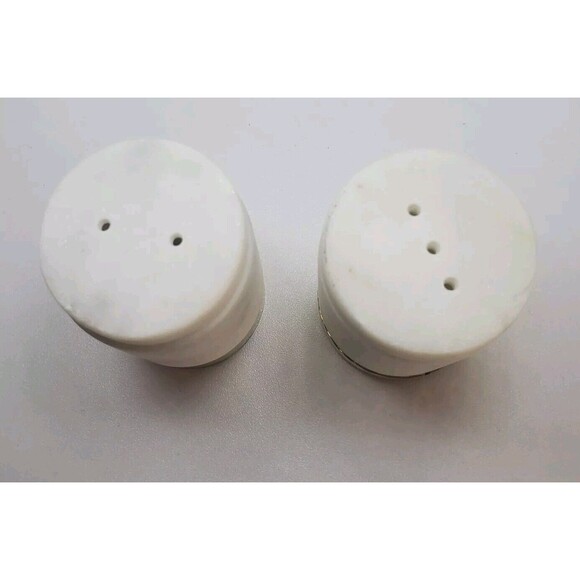 Vintage MCM White Natural Stone Salt And Pepper Shaker Set Hammered Brass Trim - Picture 2 of 7